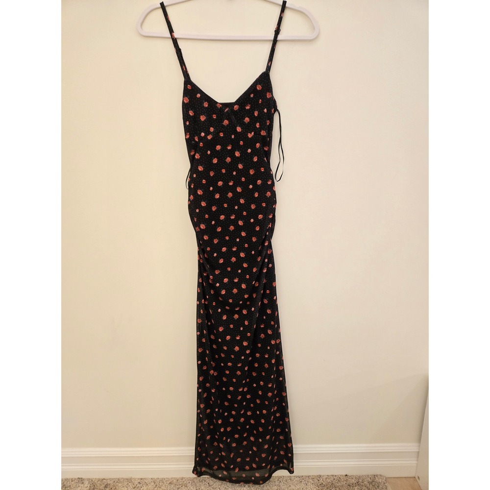 Urban Heritage Black Red Rose Polka Dot Mesh Maxi Dress Small Sleeveless V-Neck